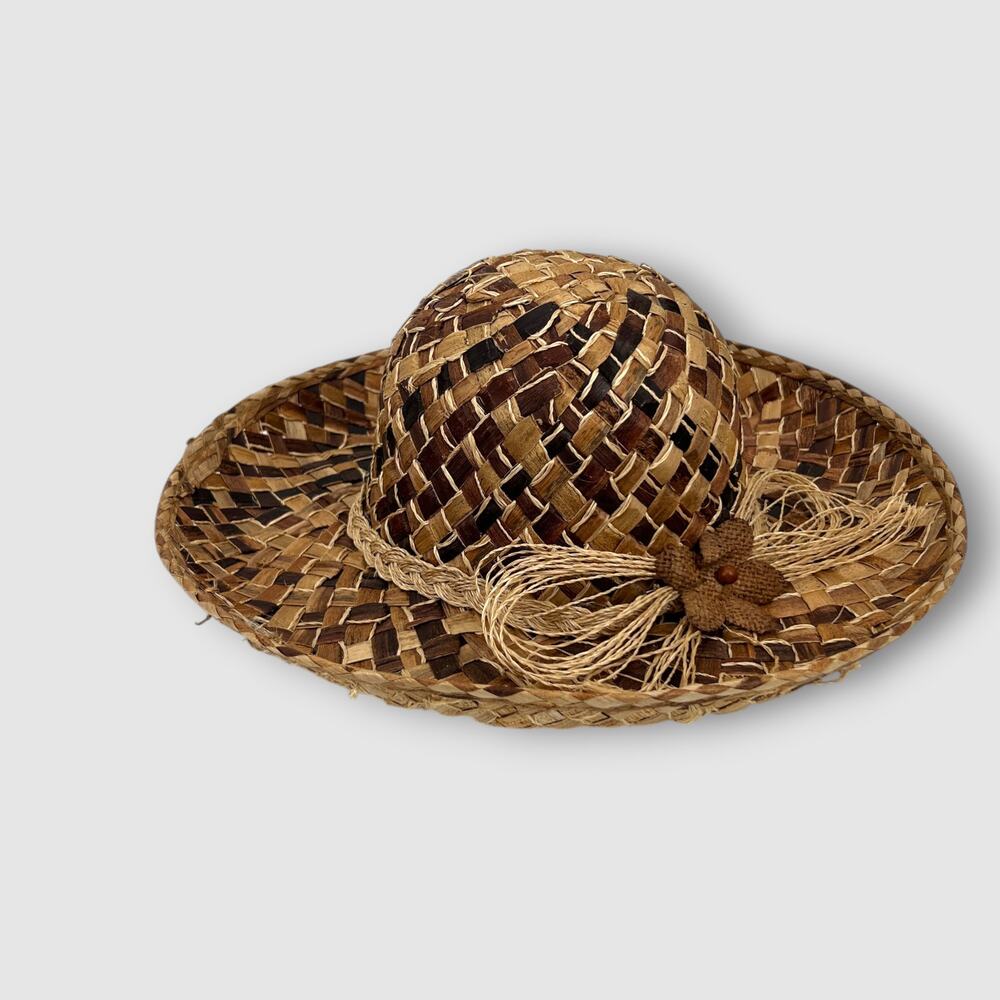 Vintage Liz Claiborne Wide Brim Woven Straw Sun Hat Brown Two-Tone Tassel Band